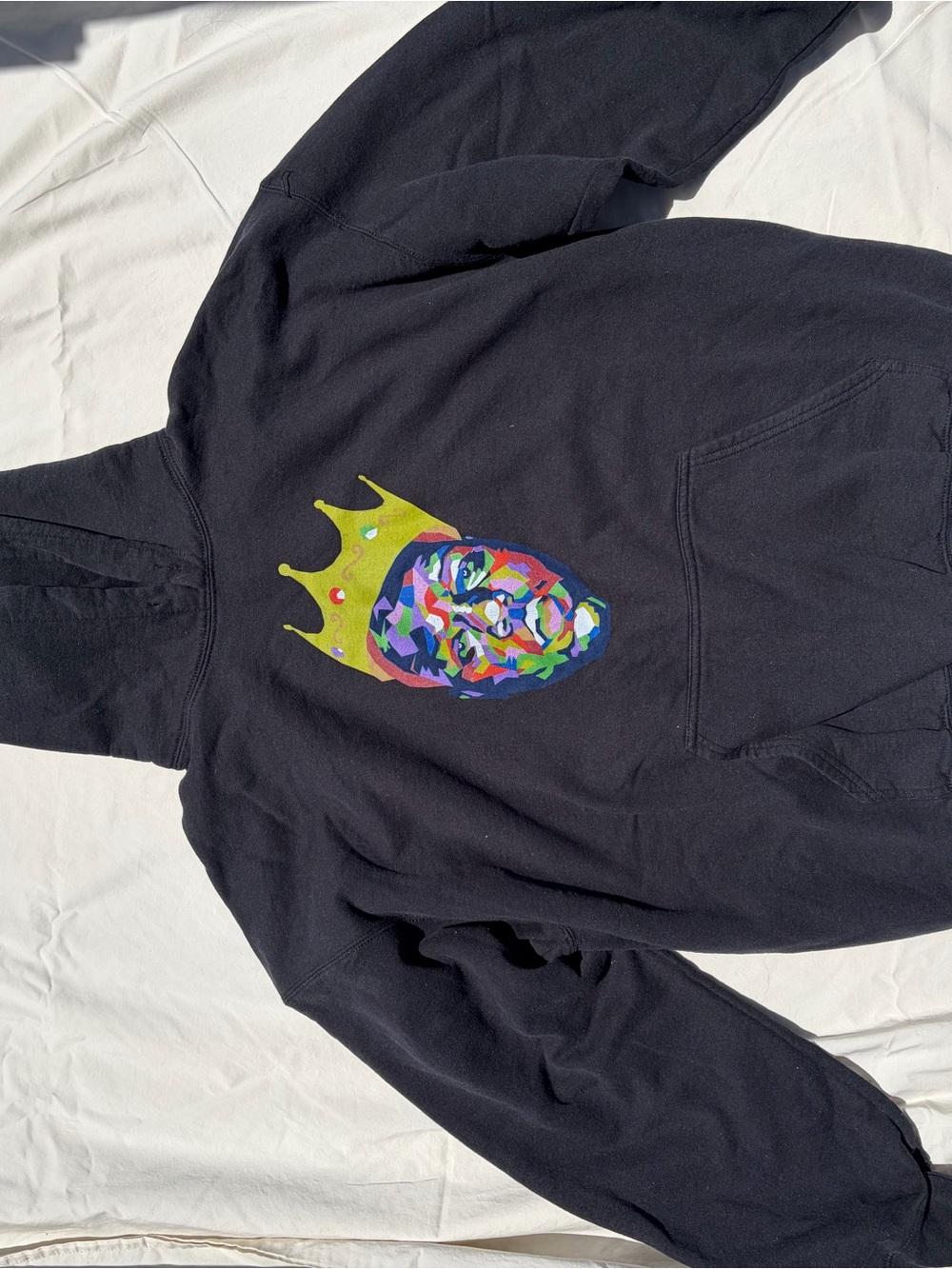 Black Hoodie with Multicolor Crowned Face Graphic -
